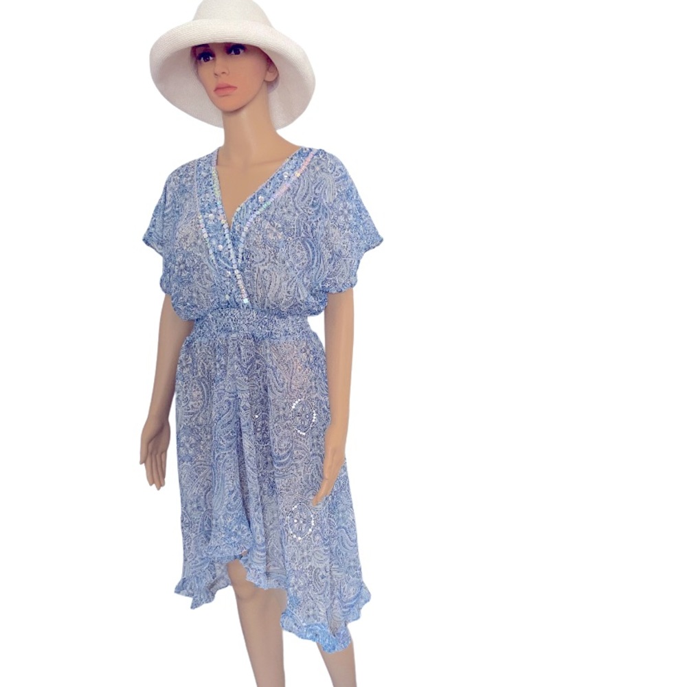 CALIFORNIA BREEZE Sheer Blue Embellished Tunic Cover-Up Size L